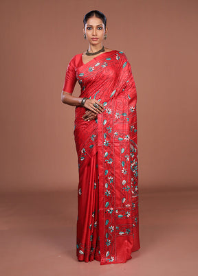 Red Kantha Stitch Silk Saree With Blouse Piece