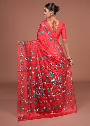Red Kantha Stitch Silk Saree With Blouse Piece