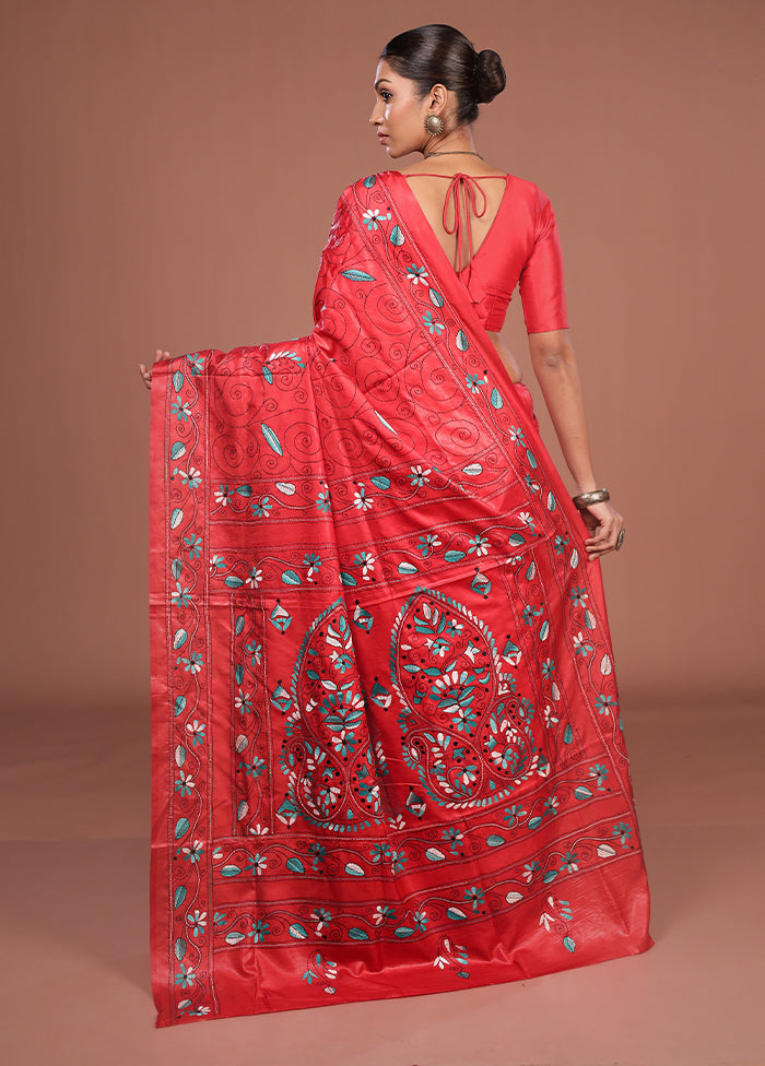 Red Kantha Stitch Silk Saree With Blouse Piece