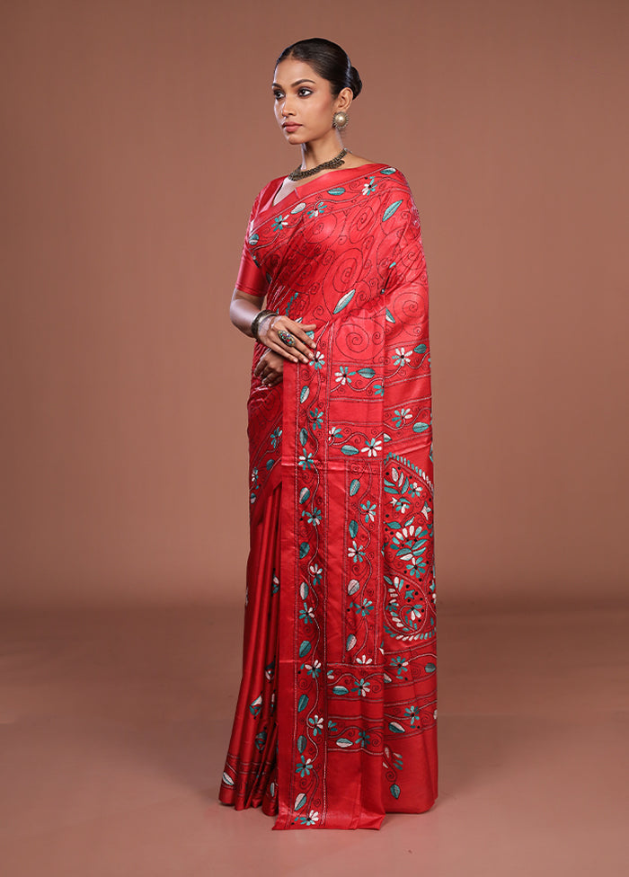 Red Kantha Stitch Silk Saree With Blouse Piece