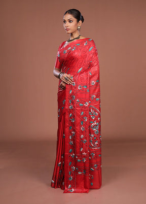 Red Kantha Stitch Silk Saree With Blouse Piece