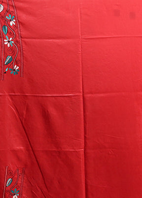 Red Kantha Stitch Silk Saree With Blouse Piece
