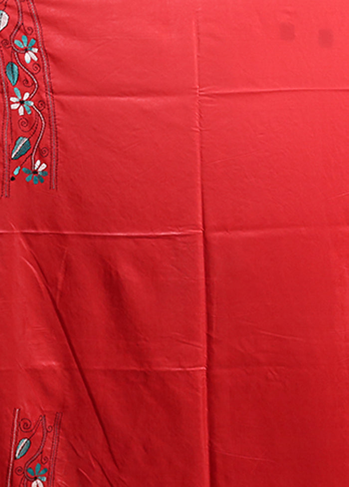 Red Kantha Stitch Silk Saree With Blouse Piece