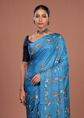 Blue Kantha Stitch Silk Saree With Blouse Piece
