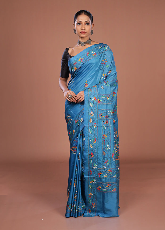 Blue Kantha Stitch Silk Saree With Blouse Piece