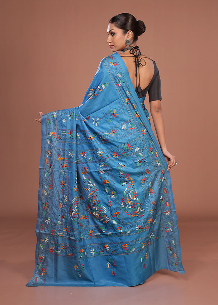 Blue Kantha Stitch Silk Saree With Blouse Piece