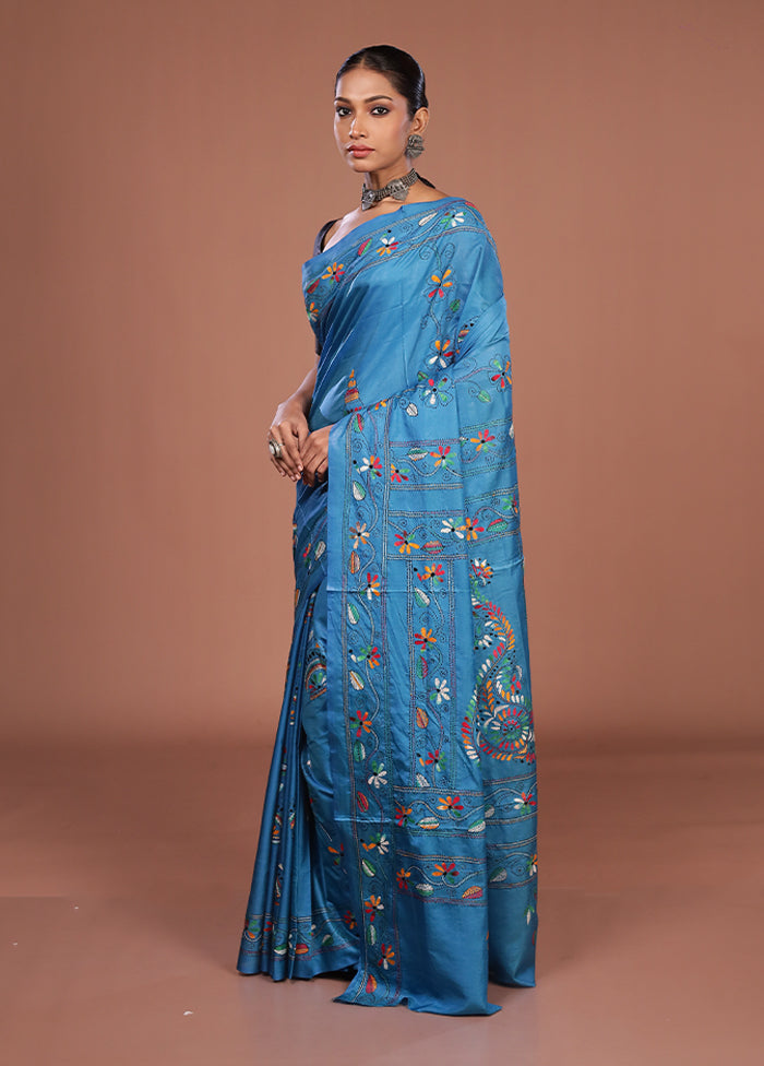 Blue Kantha Stitch Silk Saree With Blouse Piece