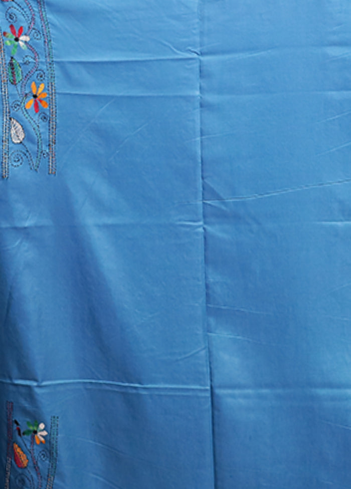 Blue Kantha Stitch Silk Saree With Blouse Piece