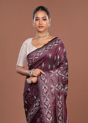 Purple Kantha Stitch Silk Saree With Blouse Piece