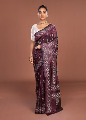 Purple Kantha Stitch Silk Saree With Blouse Piece