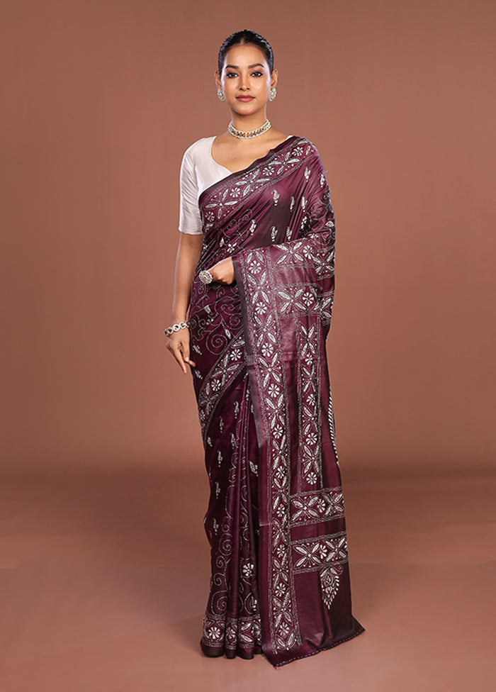 Purple Kantha Stitch Silk Saree With Blouse Piece