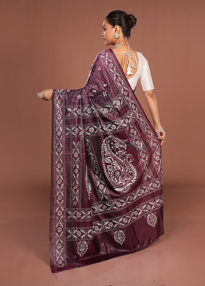 Purple Kantha Stitch Silk Saree With Blouse Piece