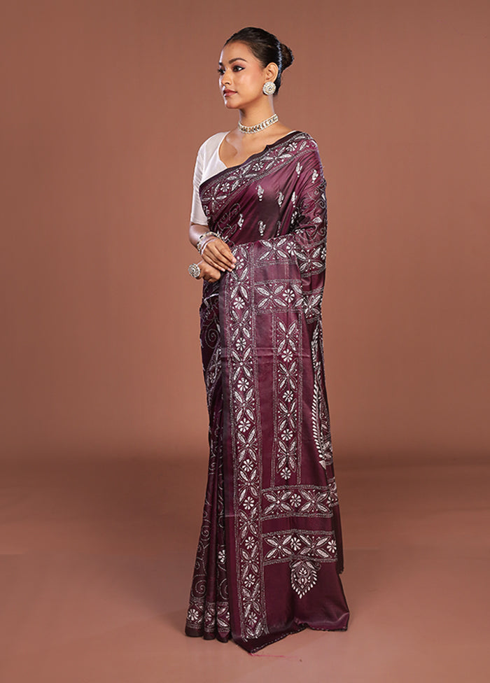 Purple Kantha Stitch Silk Saree With Blouse Piece