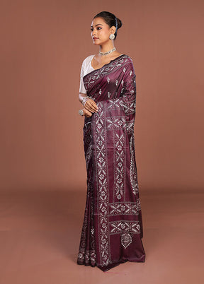 Purple Kantha Stitch Silk Saree With Blouse Piece