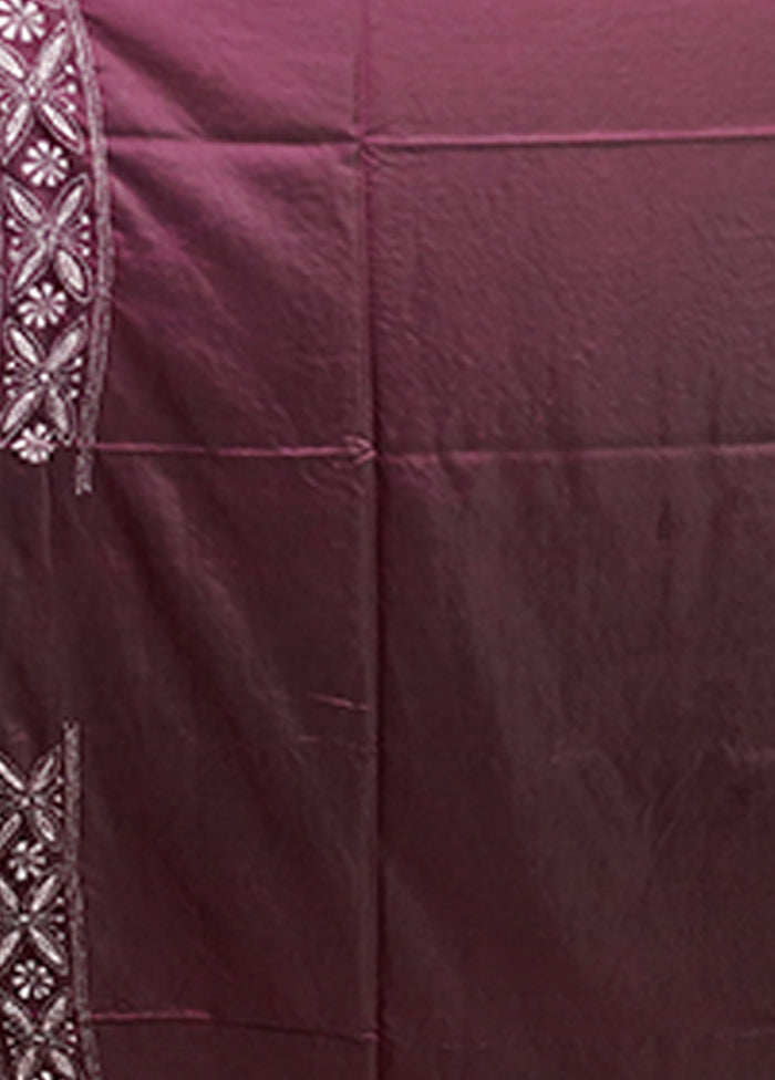 Purple Kantha Stitch Silk Saree With Blouse Piece