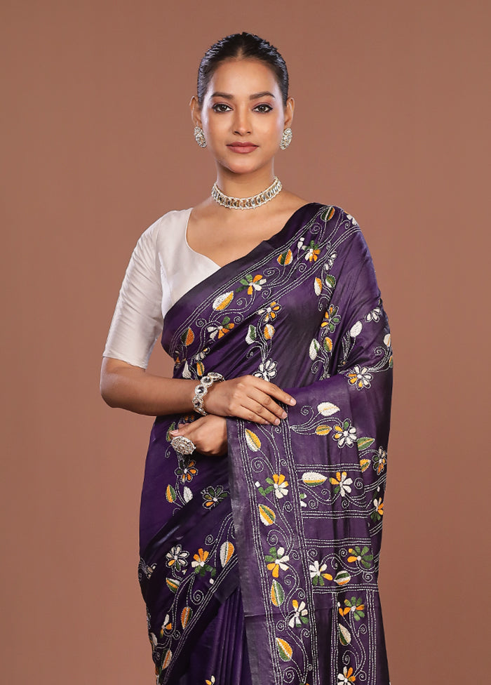 Purple Kantha Stitch Silk Saree With Blouse Piece