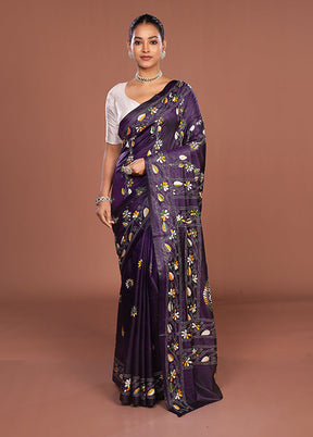 Purple Kantha Stitch Silk Saree With Blouse Piece