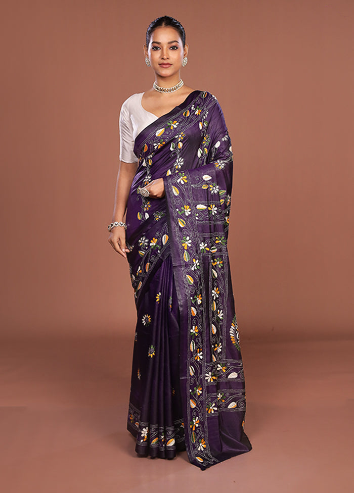 Purple Kantha Stitch Silk Saree With Blouse Piece