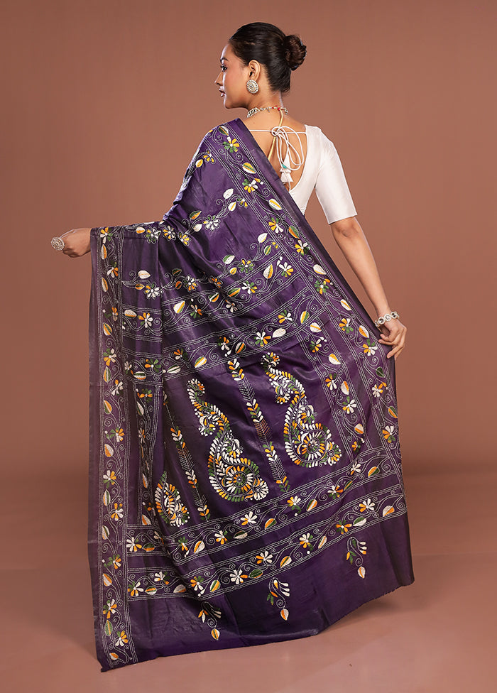 Purple Kantha Stitch Silk Saree With Blouse Piece