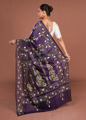 Purple Kantha Stitch Silk Saree With Blouse Piece