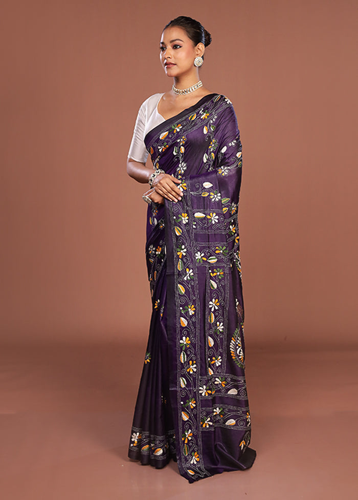 Purple Kantha Stitch Silk Saree With Blouse Piece