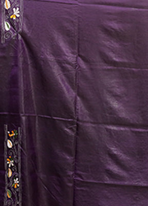 Purple Kantha Stitch Silk Saree With Blouse Piece