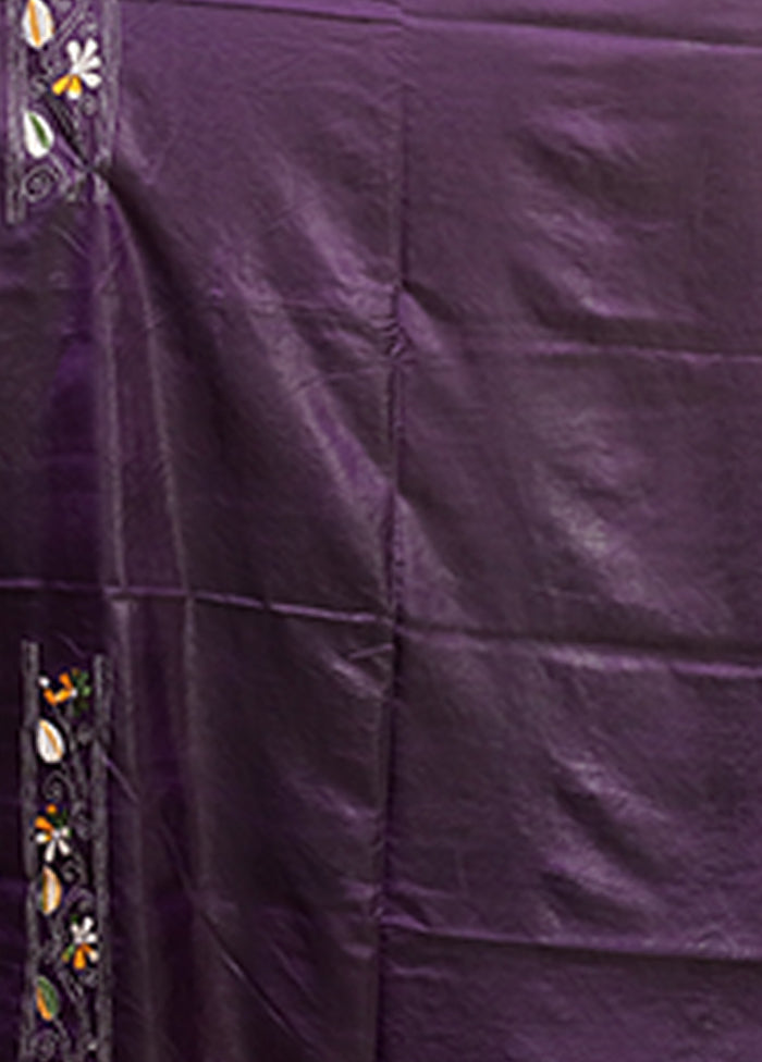 Purple Kantha Stitch Silk Saree With Blouse Piece
