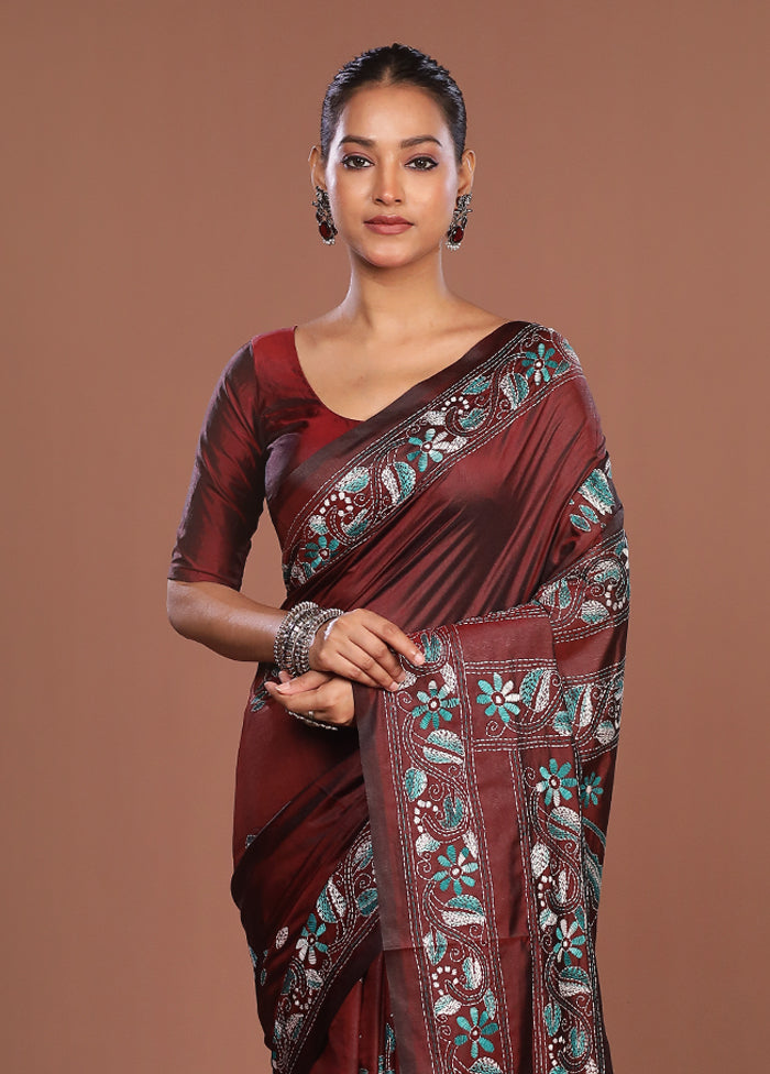 Maroon Kantha Stitch Silk Saree With Blouse Piece