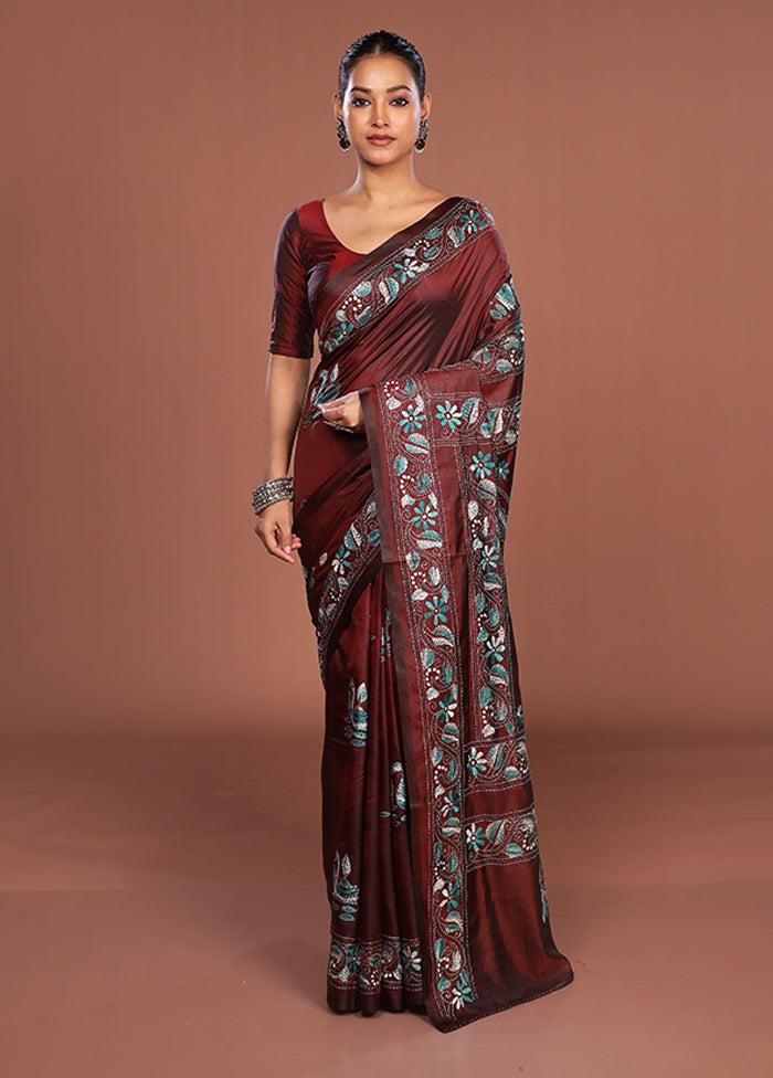 Maroon Kantha Stitch Silk Saree With Blouse Piece
