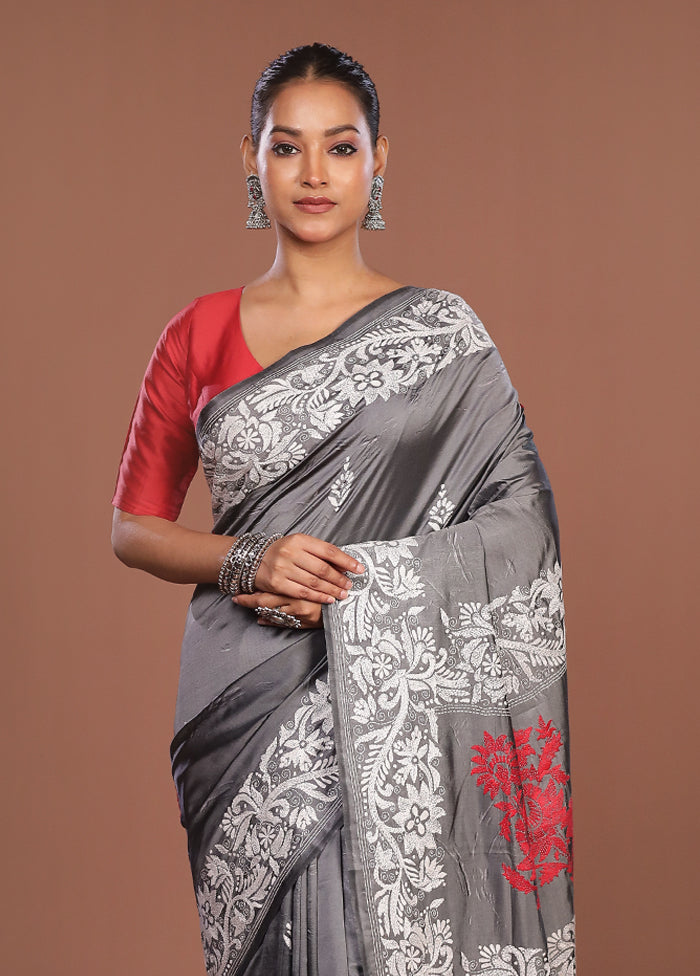 Grey Kantha Stitch Silk Saree With Blouse Piece