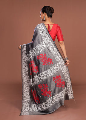 Grey Kantha Stitch Silk Saree With Blouse Piece