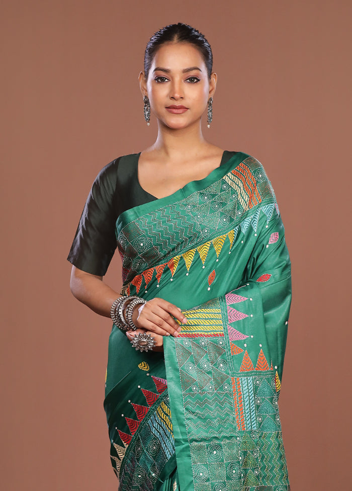 Yellow Kantha Stitch Silk Saree With Blouse Piece