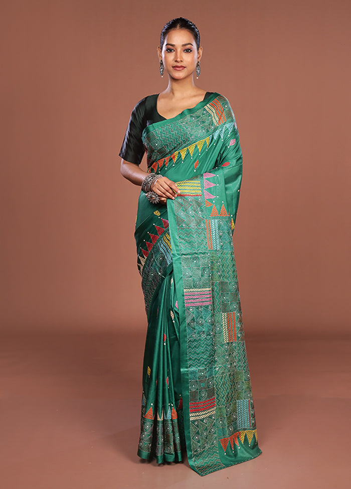 Yellow Kantha Stitch Silk Saree With Blouse Piece