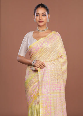 Yellow Kantha Stitch Silk Saree With Blouse Piece
