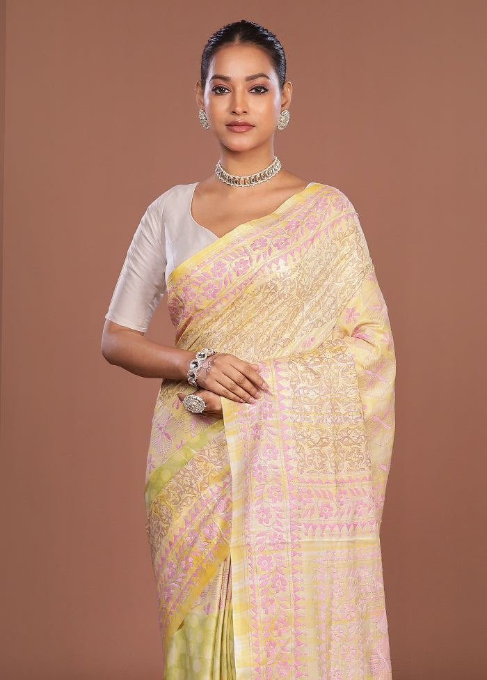 Yellow Kantha Stitch Silk Saree With Blouse Piece