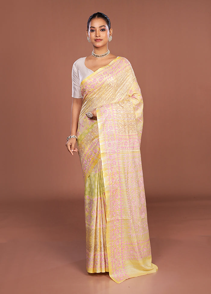 Yellow Kantha Stitch Silk Saree With Blouse Piece