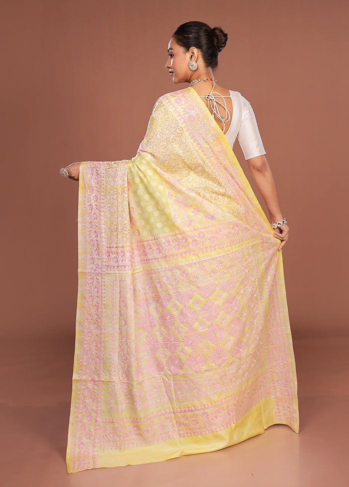Yellow Kantha Stitch Silk Saree With Blouse Piece