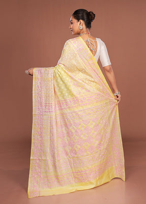 Yellow Kantha Stitch Silk Saree With Blouse Piece
