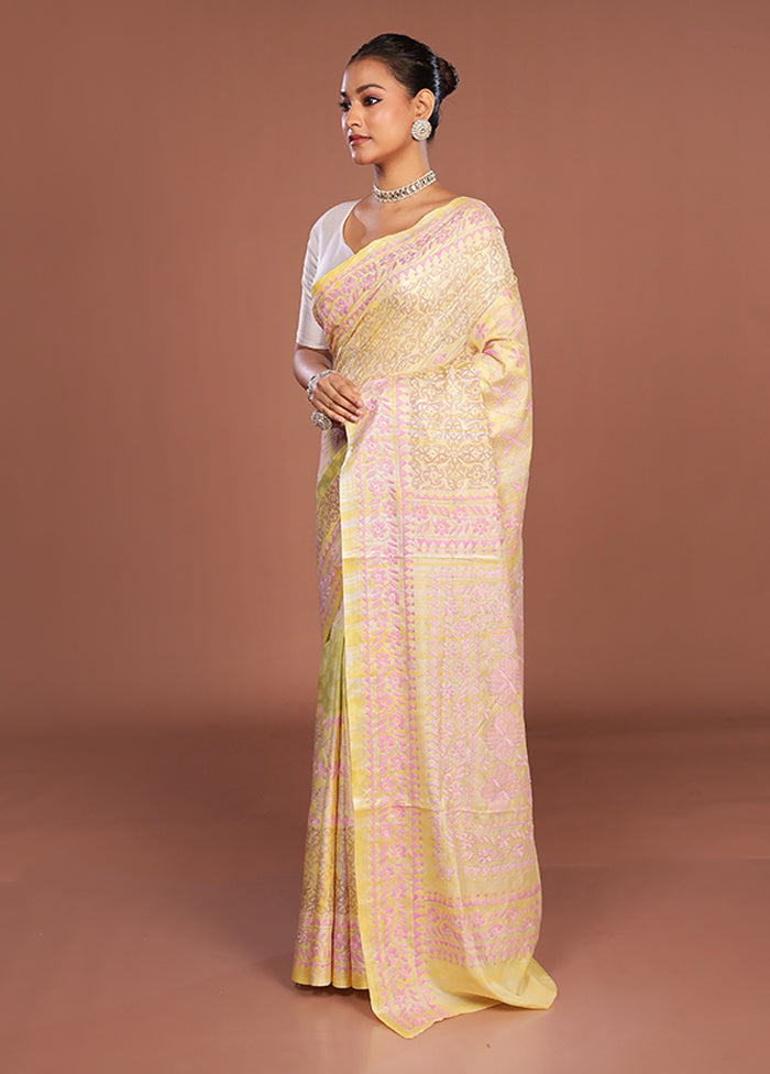 Yellow Kantha Stitch Silk Saree With Blouse Piece