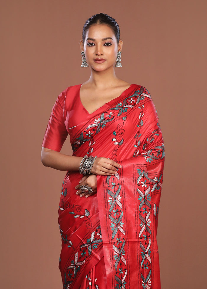 Red Kantha Stitch Silk Saree With Blouse Piece