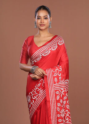 Red Kantha Stitch Silk Saree With Blouse Piece