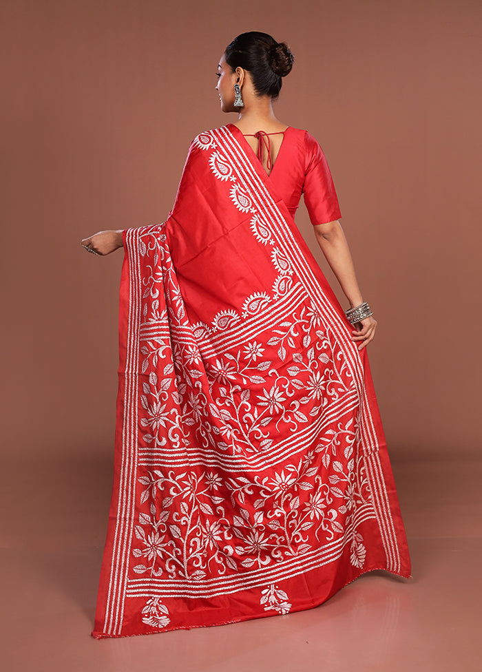 Red Kantha Stitch Silk Saree With Blouse Piece