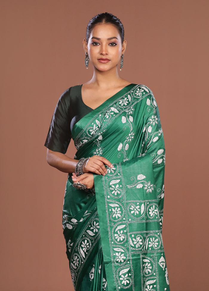 Green Kantha Stitch Silk Saree With Blouse Piece