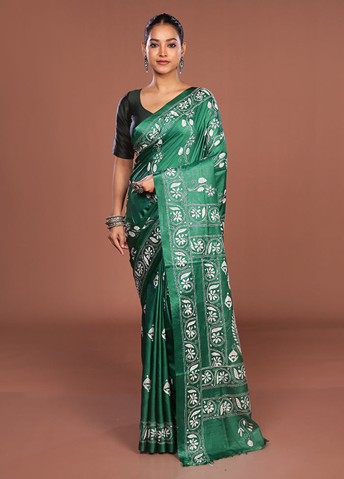 Green Kantha Stitch Silk Saree With Blouse Piece