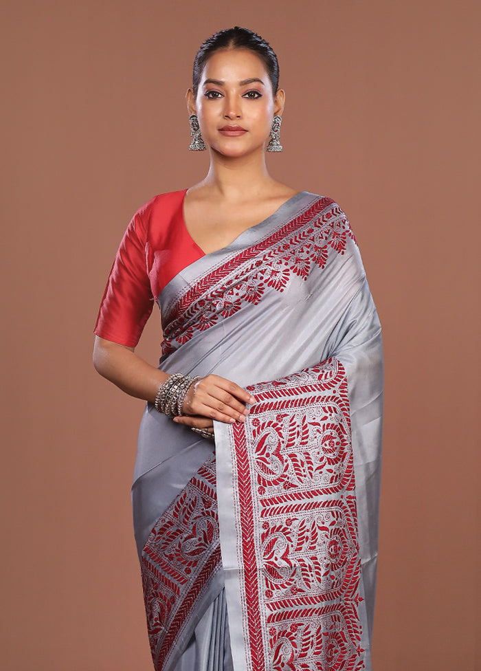 Grey Kantha Stitch Silk Saree With Blouse Piece
