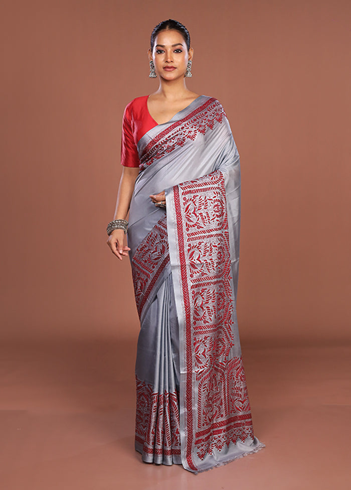 Grey Kantha Stitch Silk Saree With Blouse Piece