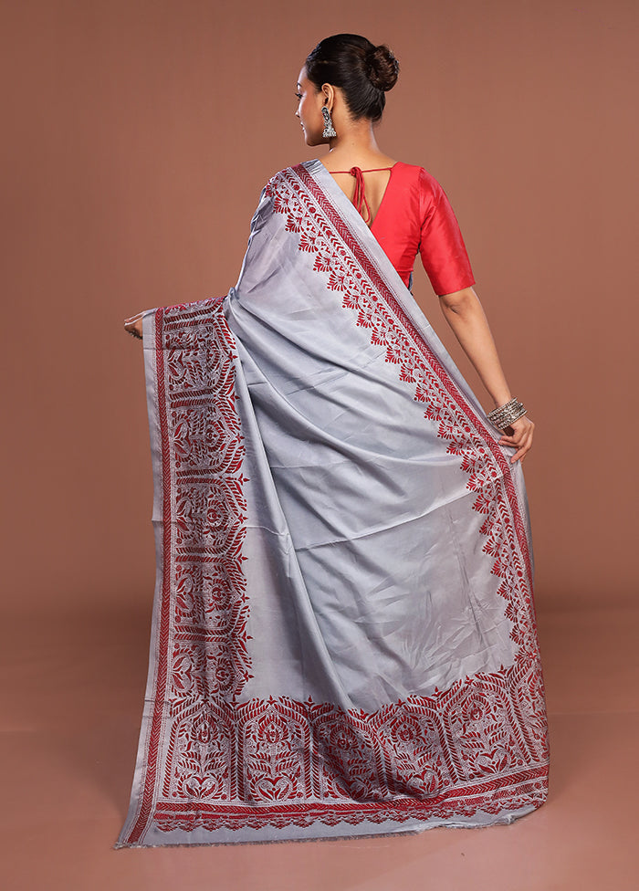 Grey Kantha Stitch Silk Saree With Blouse Piece