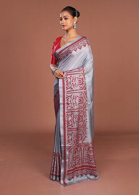 Grey Kantha Stitch Silk Saree With Blouse Piece