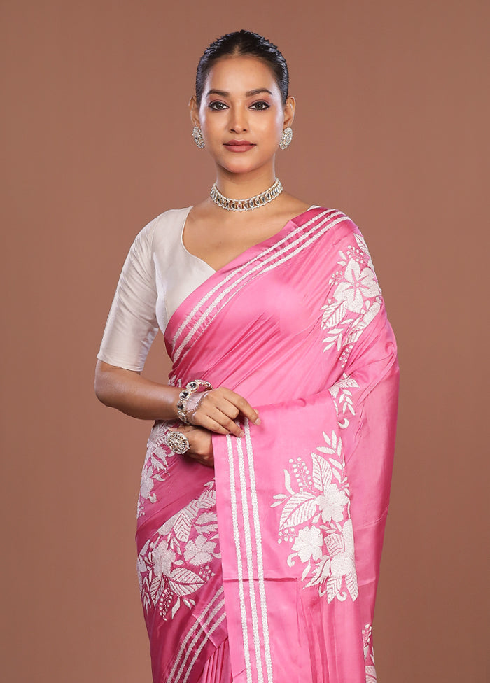 Pink Kantha Stitch Silk Saree With Blouse Piece