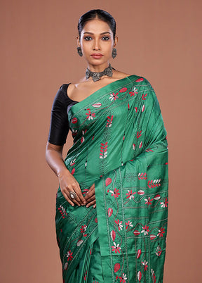 Green Kantha Stitch Silk Saree With Blouse Piece